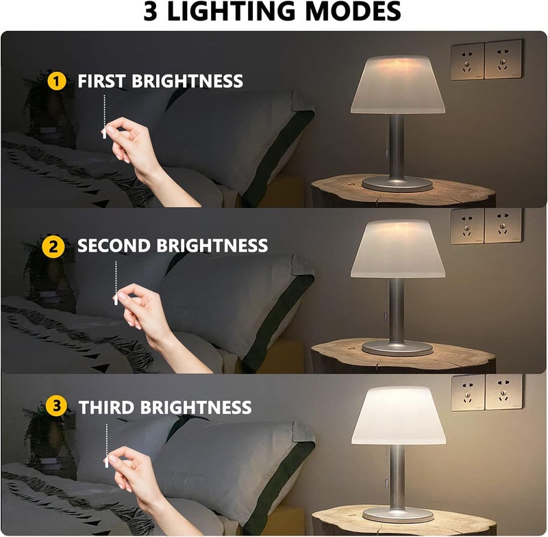 shumi Solar Table Lamp Outdoor Indoor - 3 Lighting Modes, Eye-Caring LED Waterproof Cordless Solar Desk Lamp with Pull Chain for Outside Patio Garden Bedroom Living Room(White Modern Decor) - Image 2